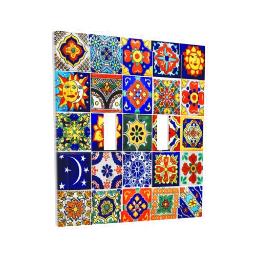 Yamxbfa Traditional Colorful Talavera Mexican Spanish Moroccan Tiles Double Toggle Light Switch Cover Decorative 2 Gang Wall Plate Electrical Switchplate Faceplate for Bathroom Decorate Accessories