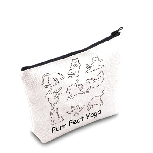 G2TUP Yoga Gift Purr Fect Yoga Makeup Bag Cat Yoga Cosmetic Bag Cat Lover Gift Yoga Instructor Gift Yoga Lover Gift Zipper Travel Pouch (Purr Fect Yoga White Bag)