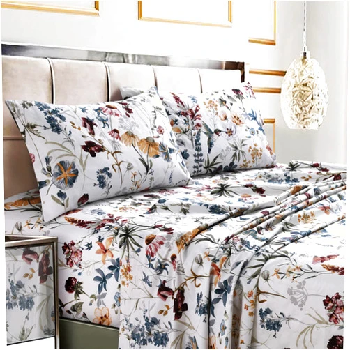 Tribeca Living California King Bed Sheet Set, Soft Cotton Sateen Printed Sheets Floral Print, Extra Deep Pocket, 300 Thread Count, 4-Piece Bedding Sets, Amalfi Deep Red/Multi, (AMAL4PSSCKRE)