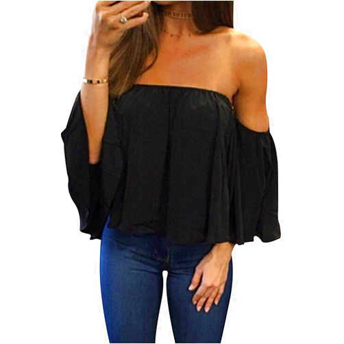 Bluetime Women Summer Off Shoulder Chiffon Blouse Ruffles Short Sleeves Tops Casual T Shirt