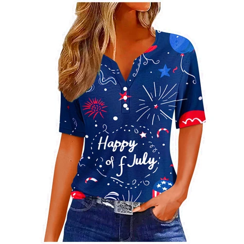 Generic Independence Day Clothing Flag Shirts for Women 4th of July Short Sleeve V Neck Patriotic Tees Button Blouses