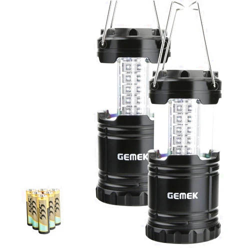GEMEK Lantern Camping Essentials Lights, Tent Lights for Emergency, Survival Gear and Supplies for Hurricane, Led Flashlight for Power Outages, Battery Operated Lamp, Collapsible (Black 2 Pack)