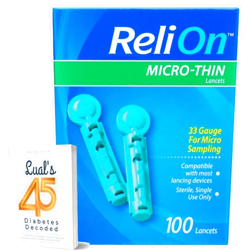 LUAL ReliOn Micro-Thin Lancets, 33-Gauge Bundle with Lual's 45 Diabetes Decoded | Lancets for Diabetes Testing | 100 Count