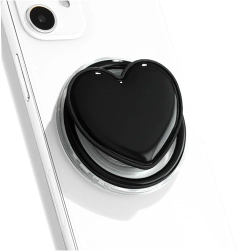 On The Grip Magnetic Cute Solid Macaron Color Heart Shape Collapsible Mobile Phone Grip Stand Holder for Smartphone Tablet Cell Phone Accessory (Magnetic Type, Black)