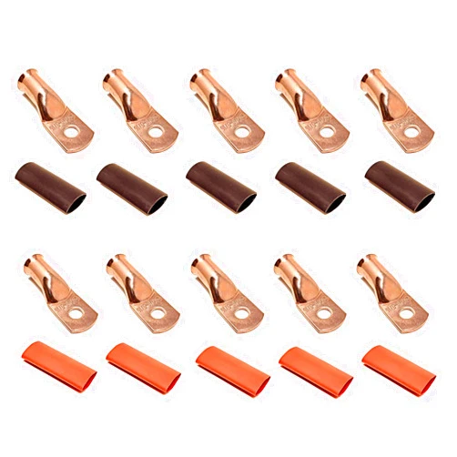 WindyNation 10pcs 2/0 Gauge 2/0 AWG x 5/16” Pure Copper Cable Lug Terminal Ring Connectors with Dual Wall Adhesive Lined Red + Black Heat Shrink Tubing – by WNI