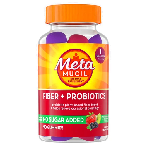 Metamucil Fiber Supplement Gummies with Probiotics for Bloating Relief, No Sugar Added Strawberry Kiwi BlackBerry Flavors, 5g Prebiotic Plant Based Fiber Blend, 90 Count