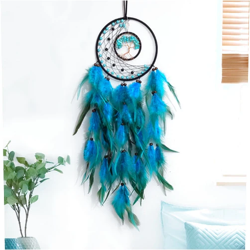 TEESHLY Dream Catchers with Tree of Life and Feather Indian Handmade Moon Dreamcatchers for Boho Wall Hanging Decoration, Ornament Festival Gift (Turquoise Tree of Life)