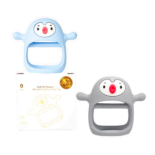 Smily Mia 2pack Penguin Teether for Babies 0-6Month, Baby Essentials, New Born Must Haves,Baby Pacifiers for Breastfed Babies, Baby Teething Toys, Perfect Shower Gift+Baby Registry, Blue+Grey