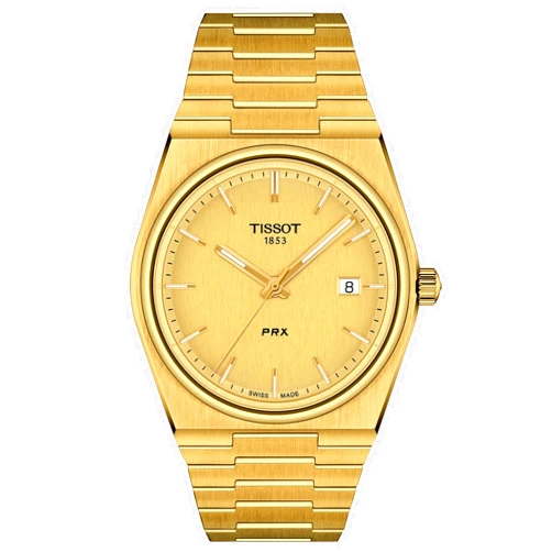 Tissot Mens PRX 316L Stainless Steel case with Yellow Gold PVD Coating Quartz Watch, Yellow, Stainless Steel, 12 (T1374103302100)
