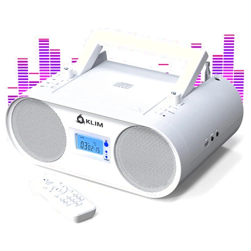 KLIM Boombox B4 CD Player Portable Audio System - New - AM/FM Radio with CD Player MP3 Bluetooth AUX USB - Wired & Wireless Mode Rechargeable Battery - Remote Control Autosleep Digital EQ White