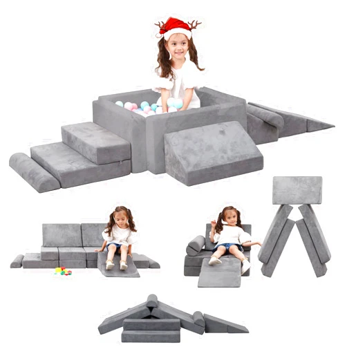 MOOZHEALTH Kids Play Couch- Modular Playset Foam Climbing Blocks for Toddlers Children with Square Ball Pit,Convertible Foam Couch Sofa Indoor Furniture for Playroom, Bedroom(Gray)