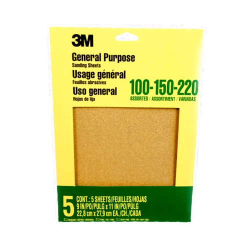 3M Aluminum Oxide Sandpaper, 5 Sheets, Assorted Grit 100-150-220, 9-in x 11-in, Multi-Purpose Abrasive Sanding Paper, For General Purpose Sanding On Paint, Wood and Metal (9005NA)