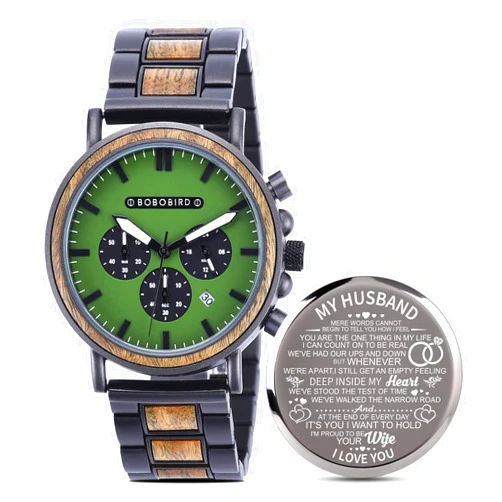 2win Engraved Wooden Watch Stylish Green Dial Design Personalized Wood Watches for Men Husband Boyfriend Fiancé Dad Customized Anniversary Birthday Watch