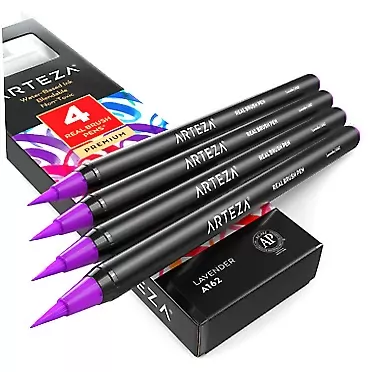 Arteza Real Brush Pens, A162 Lavender, Pack of 4, Watercolor Pens with Nylon Brush Tips, Art Supplies for Dry-Brush Painting, Sketching, Coloring & Calligraphy Pack of 4 A162 Lavender