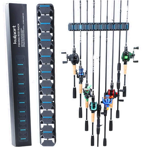 KULPORT Fishing Rod Holder, Wall-Mounted Fishing Rod Rack, Vertical Fishing Pole Holder Holds Up to 9 Rods or Combos, Fishing Rod Rack for Garage Organization System & Fits Most Rods