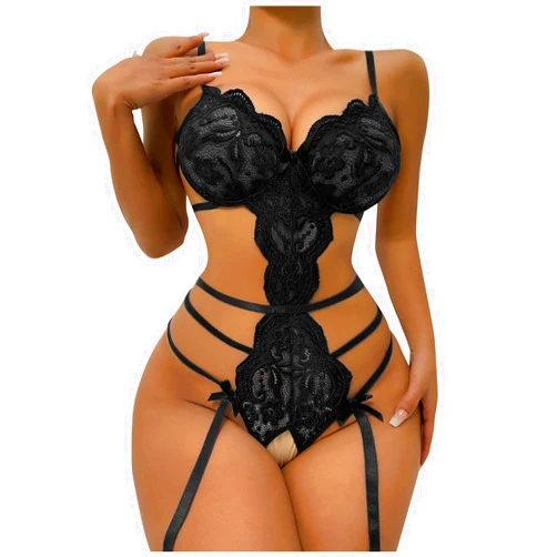 Borniu Women One Piece Lingerie Deep V Teddy Sexy Lace Bodysuit Hollow Out Exotic Sluttly Nightwear for Sex Naughty Play L24