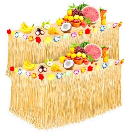 Pirekul Luau Party Decorations, Grass Table Skirt for Tropical Hawaiian Party Decorations, Flower Hawaiian Luau Party Favors & Aloha Summer Beach Themed Party Decorations Suppplies (2PCS Straw Yellow)