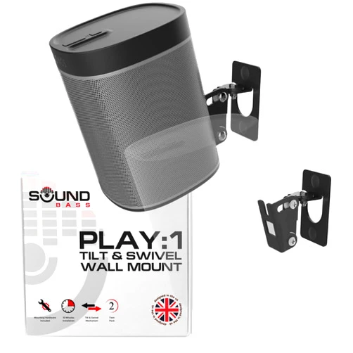 Sound Bass Play 1 Wall Mount, Black, Pair, Compatible with Sonos Play:1 Only, Twin Pack, Adjustable Swivel & Tilt Mechanism, 2 Mounting Brackets Includes All Fixings