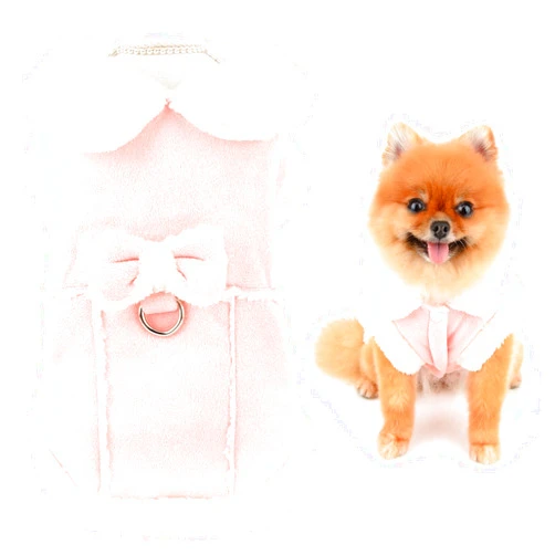 SMALLLEE_LUCKY_STORE Fleece Dog Coat for Small Dog Girls, Pet Harness Jacket with Bow and D-Ring, Soft Vest Fall Winter Clothes with Fuzzy Collar Chihuahua Yorkie Cat Apparel, Pink, L