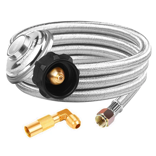DOZYANT 6 Feet Braided Propane Regulator and Hose, QCC1 Universal Grill Regulator Replacement Parts with 90 Degree Elbow Adapter for Blackstone 17 inch and 22 inch Tabletop Griddle Grill