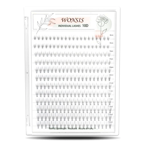 WONSIS Individual Lashes, Lash Clusters, 240 Pcs 10D Individual Lash Extensions, Natural Soft Lightweight Reusable, Thickness 0.07mm C Curl False Eyelashes 8/9/10/11/12mm (10D 8-12mm)