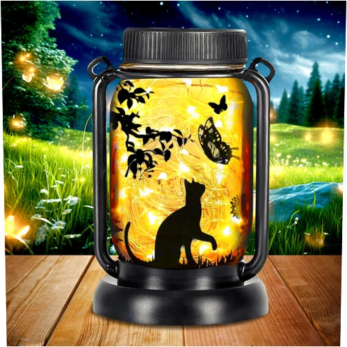 Sumfox Solar Lanterns Outdoor Waterproof Cat Butterfly Solar Mason Jar Light Gifts for Mom/Grandma/Women, Hanging Solar Lantern with Stakes for Yard, Patio, Lawn, Tabletop, Garden Decor
