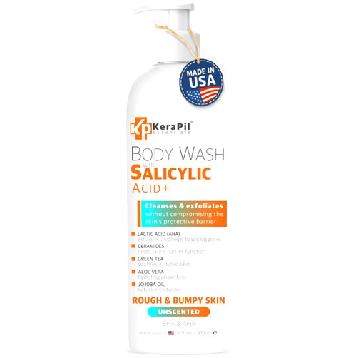KERAPIL Exfoliating Body Wash With Salicylic Acid - Gentle Exfoliates Rough and Bumpy Skin, KP and Acne, with BHA & AHA - Unscented Body Wash, Made in USA - (16 fl oz)