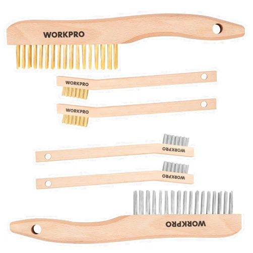 WORKPRO Wire Brush Set, 6 Pcs Brass/Stainless Steel Wire Scratch Brush Set, Small Large Size with Beechwood Handle for Cleaning Rust, Paint and Welding Slag