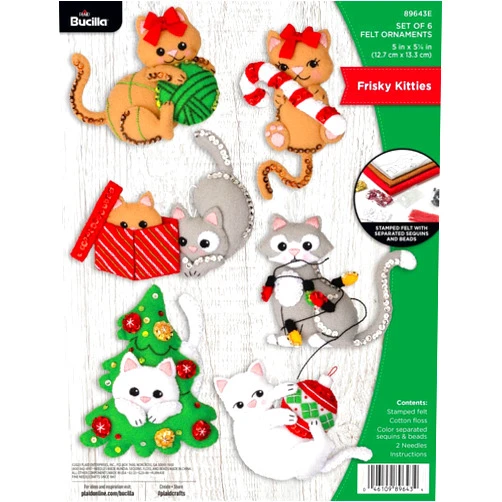 Bucilla Felt Applique 6 Piece Ornament Making Kit, Frisky Kitties, Perfect for Holiday DIY Arts and Crafts, 89643E