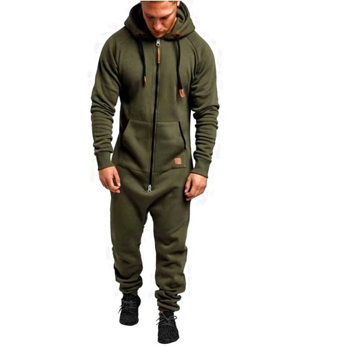 SteJar Men's Hooded Jumpsuit Zip Up One Piece Pajamas Playsuit Jogger Sweatsuit Overall Romper (Army Green,4X-Large)