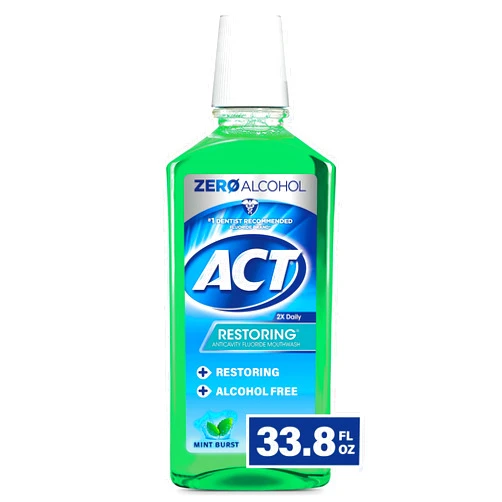 ACT Restoring Zero Alcohol Fluoride Mouthwash 33.8 fl. oz. Strengthens Tooth Enamel, Mint Burst