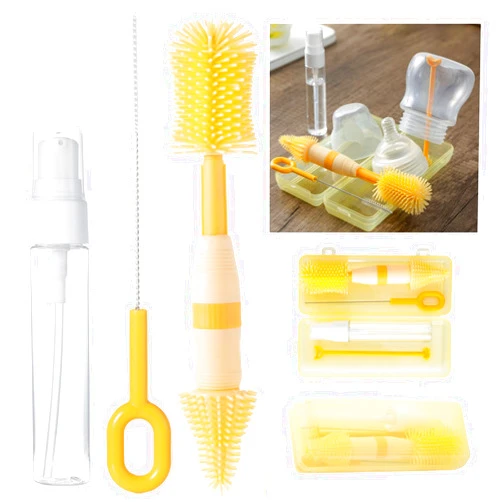 Anivona Travel Bottle Cleaner Kit, Anivona 5 in 1 Baby Bottle Cleaner Kit with Extendable Silicone Brush, Nipple Brush, Straw Brush, Soap Dispenser, Drying Rack, Ideal Gifts for Baby Travel Essential (Yellow)