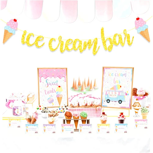 UTOPP Ice Cream Bar Decor Kit, Summer Ice Cream Sundae Bar Glitter Banner Ice Cream Table Sign Food Labels Tents Cup Tag Sticker for Ice Cream Theme Baby Bridal Shower Bday Wedding Graduation Party Supplies