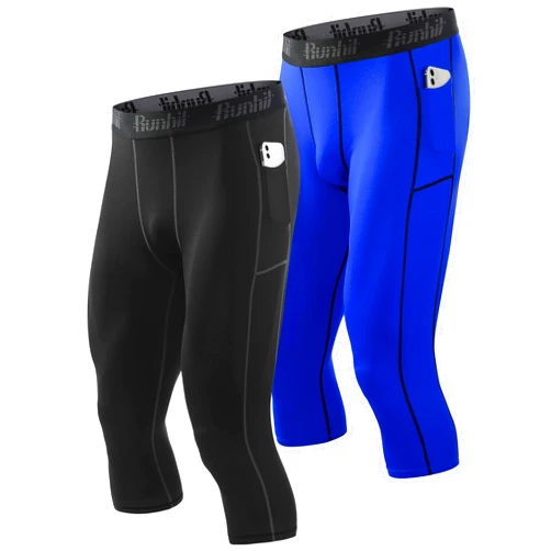 Runhit 3/4 Men's Compression Pants with Pockets,Workout Athletic Tights Leggings Athletic Base Layer Underwear