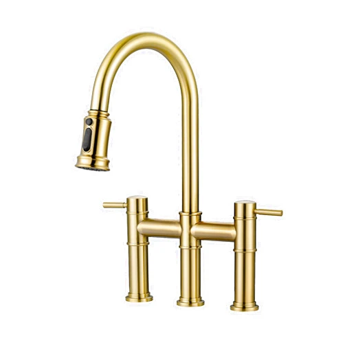 IVIGA Bridge Faucet for Kitchen Sink: iVIGA Gold Farmhouse 3 Hole Kitchen Faucet with Pull Down Sprayer (3 Spray Modes) - 2 Handle High Arc Brass Faucet with 360° Swivel, with Supply Lines