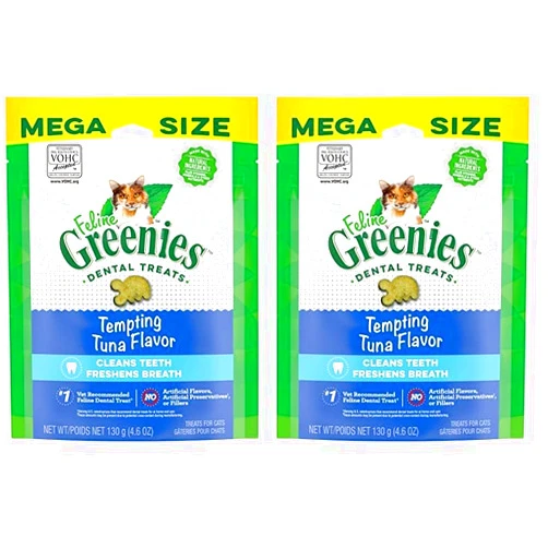 Greenies Feline Adult Natural Dental Care Cat Treats, Tempting Tuna Flavor, 4.6 oz. Pouch (Pack of 2)