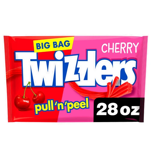 TWIZZLERS PULL 'N' PEEL Cherry Flavored Licorice Style, Low Fat Candy Big Bag, 28 oz, Pack of 1