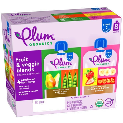 Plum Organics Stage 2 Organic Baby Food - Variety Pack - 4 oz Pouch (Pack of 8) - Fruit and Veggie Baby Food Pouch