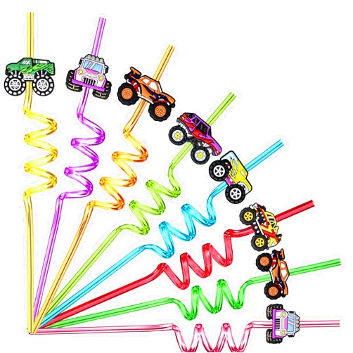 Meaxur 24 Monster Truck Party Car Reusable Styling Straws for Monster Truck Car Birthday Party Supplies with 2 Cleaning Brushes