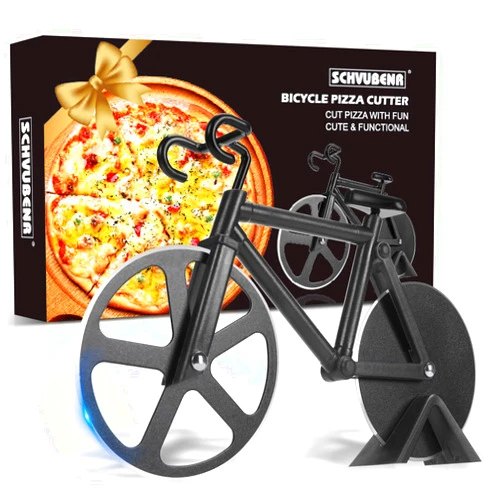 SCHVUBENR Bicycle Pizza Cutter Wheel - Gifts for Cyclists, Men, Dad, Bike Lovers - Funny Kitchen Gadgets - Cool Father’s Day, Christmas, Birthday, White Elephant Gifts - Stainless Steel Pizza Slicer(Black)