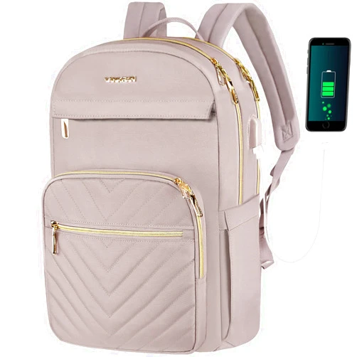 VANKEAN 15.6 Inch Laptop Backpack for Women Work Bag Fashion with USB Port, Waterproof Stylish Travel Bags Casual Daypacks for College, Business, Light Dusty Pink