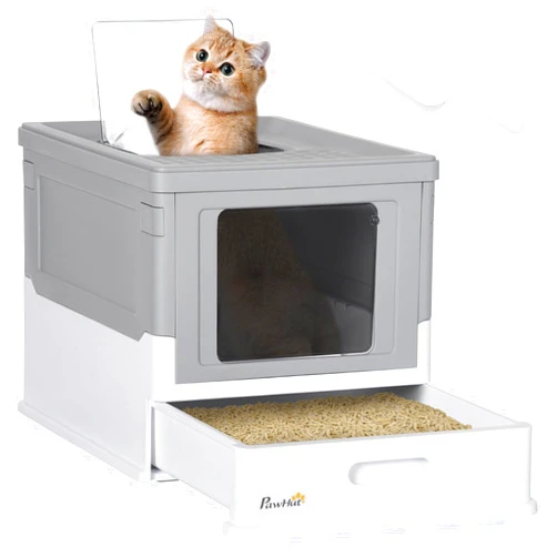 PawHut Fully Enclosed Cat Litter Box with Scoop, Hooded Cat Litter House with Drawer Type Tray, Foldable Smell Proof Cat Potty with Front Entry, Top Exit, Portable Pet Toilet with Large Space, Gray