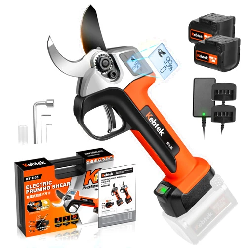 Kebtek Cordless Electric Pruning Shears 35MM, Kebtek Professional Battery Pruners for Tree Trimming 18V Brushless Motor 2Pack 2AH Rechargeable Battery-LCD Display Screen (KTE-35)