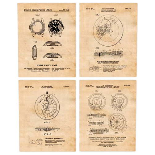 STARS BY NATURE Vintage Watch Mechanicals Patent Prints, 4 (8x10) Unframed Photos, Wall Art Decor Gifts for Home Office Studio Gears Garage Shop Man Cave College Student Teacher Omega Rolex Timepiece Fan