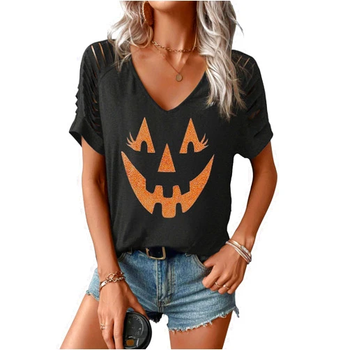 Essential cocoon Women Fall Halloween Graphic V Neck Shirt Cut Out Cold Shoulder Short Sleeve Shirt Funny Family Party Rock Tee Top