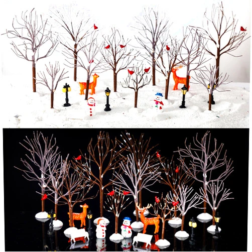 Soaoo 22 Pcs Christmas Village Decoration Ornaments Include 12 Bare Branch Trees 2 Reindeer 2 Snowmen 4 Street Lamps 2 Mini Garden Bench Christmas Village Accessories Figurine for Xmas Holiday Decor