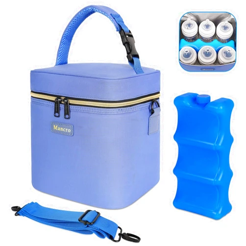 Mancro Breastmilk Cooler Bag with Ice Pack Fits 6 Baby Bottles Up to 9 Ounce, Insulated Baby Bottle Bag with Strap, Bottle Cooler Bag for Nursing Mom Daycare, Blue