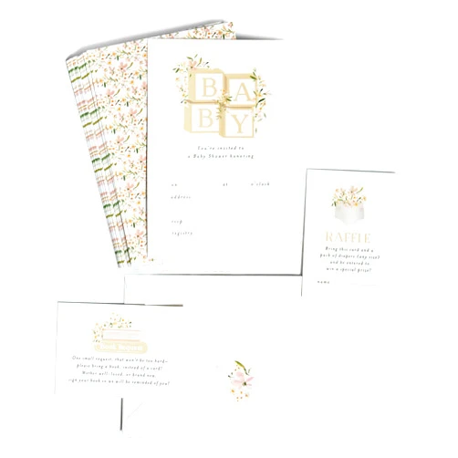 Itsy Belle Studio Set of 25 Floral Baby Shower Invitations for girl, with Diaper Raffle Cards and Book Request cards, including envelopes and stickers, bundle