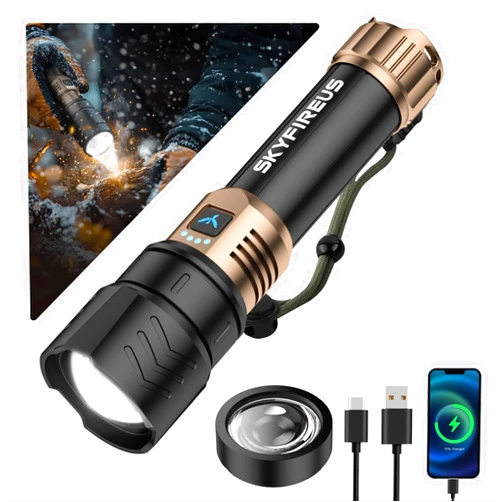 SKYFIRE LED Flashlight 10000 High Lumens,Super Bright Rechargeable Flashlight with Ignition Lens, Zoomable,Four Modes,Waterproof Flash Light for Camping Essentials,Outdoor,Home (Black &Gold)