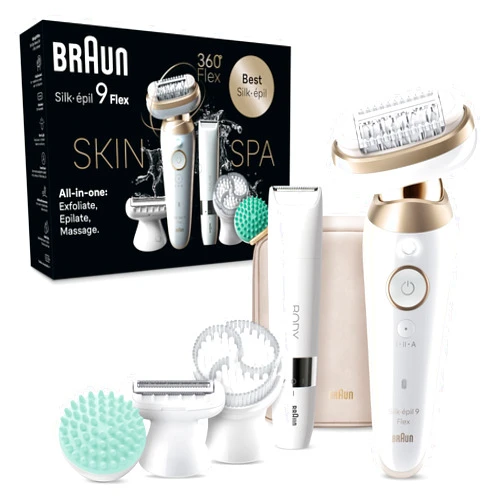 Braun Epilator Silk-épil 9 Flex SkinSpa, Hair Removal Device, 360 Flex and Pivoting Head, Wet and Dry, Includes Shaver Head, Trimmer Comb, Massage Pad, Exfoliation Brush and BodyTrimmer, SES9-481 3D
